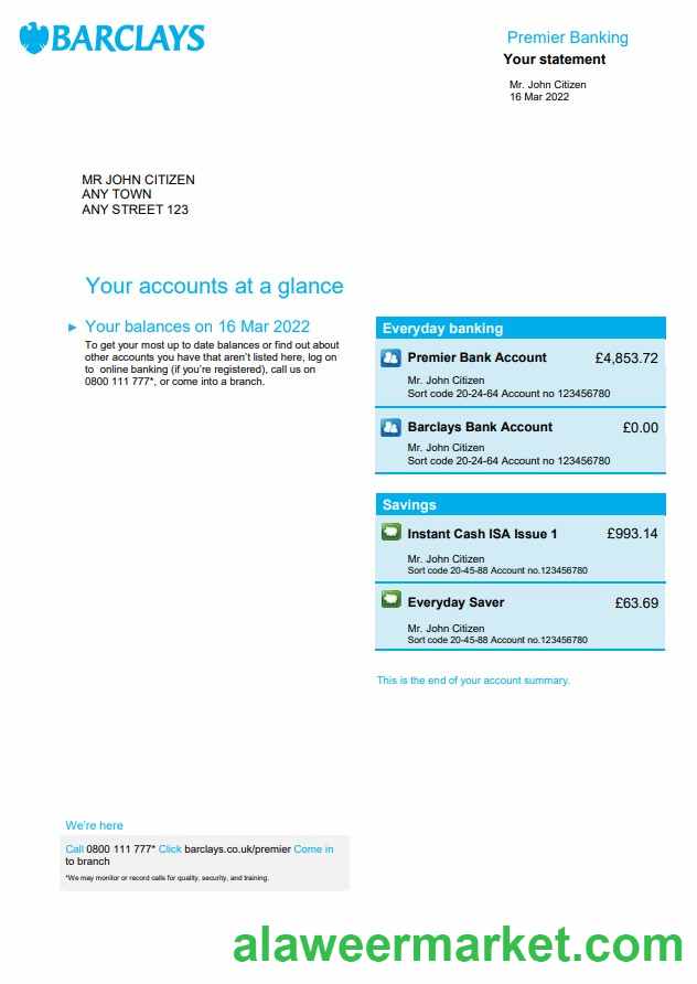 United Kingdom Barclays bank statement, Word and PDF template, 4 pages, version 2